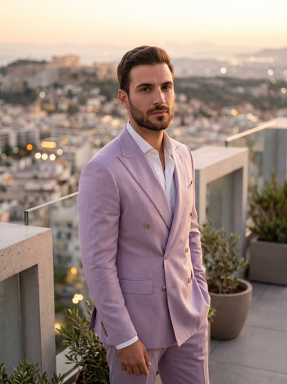 Lilac Silk Blend Double Breasted Suit — Custom Made to Measure - front view