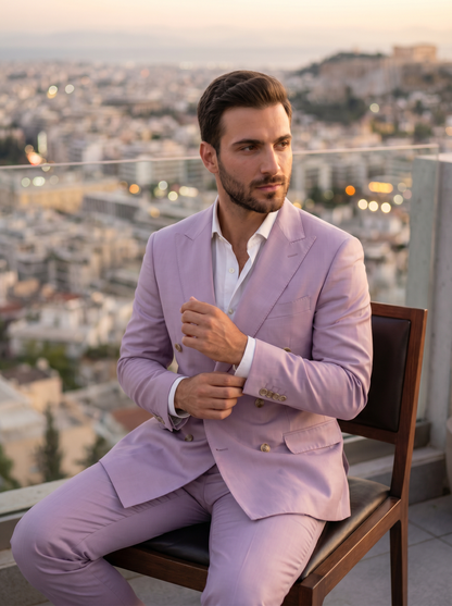 Lilac Silk Blend Double Breasted Suit — Custom Made to Measure - seated view