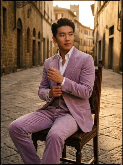 Lilac Velvet 3-Piece Suit — Custom Made to Measure - seated view