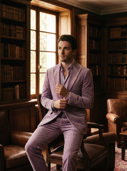 Lilac Velvet Suit — Custom Made to Measure - seated view