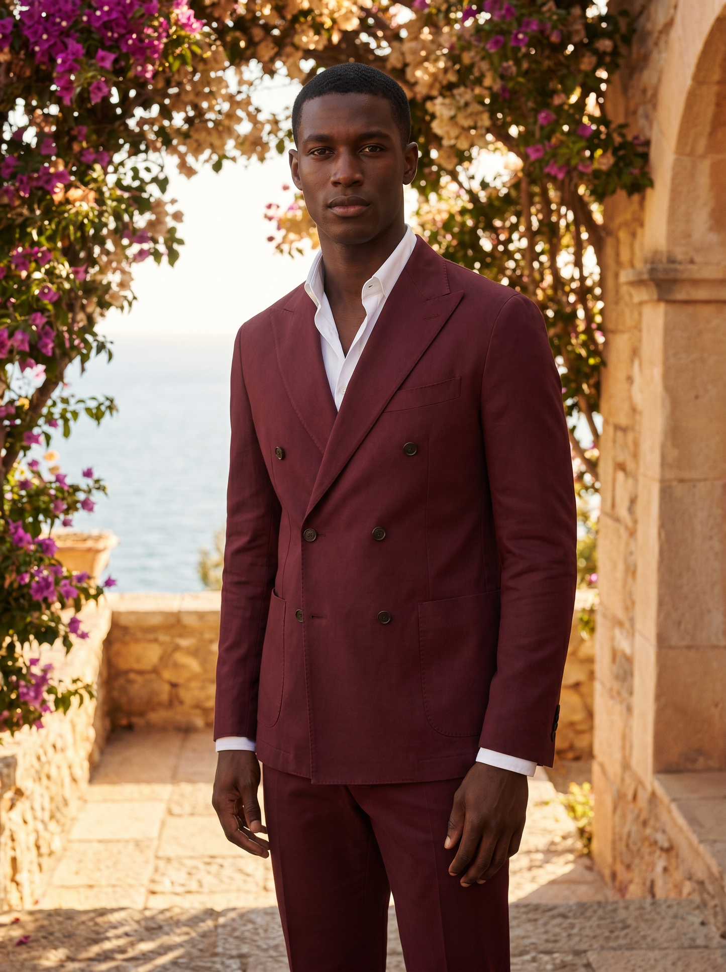 Maroon Cotton Double Breasted Suit — Custom Made to Measure - front view