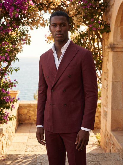 Maroon Cotton Double Breasted Suit — Custom Made to Measure - front view