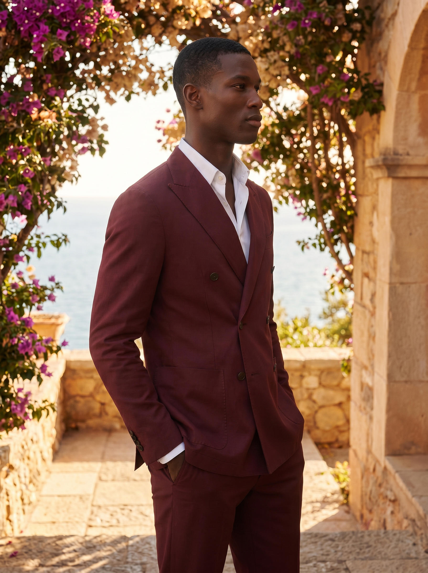 Maroon Cotton Double Breasted Suit — Custom Made to Measure - side view