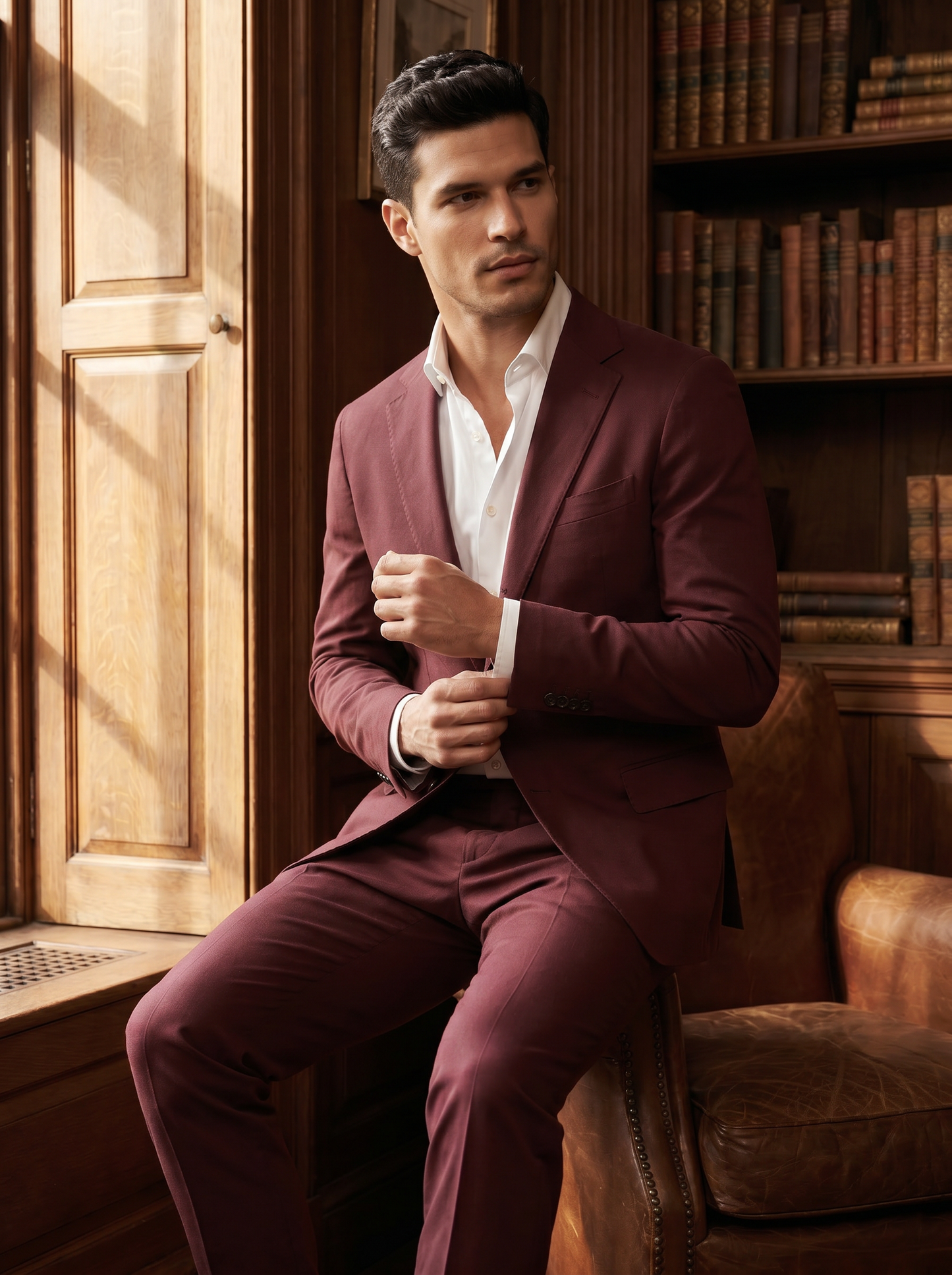 Maroon Cotton Graduation Suit — Custom Made to Measure - seated view