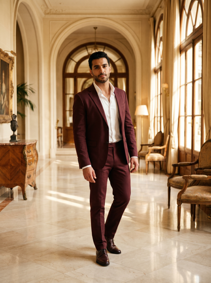 Maroon Cotton Groomsmen Suit — Custom Made - front view