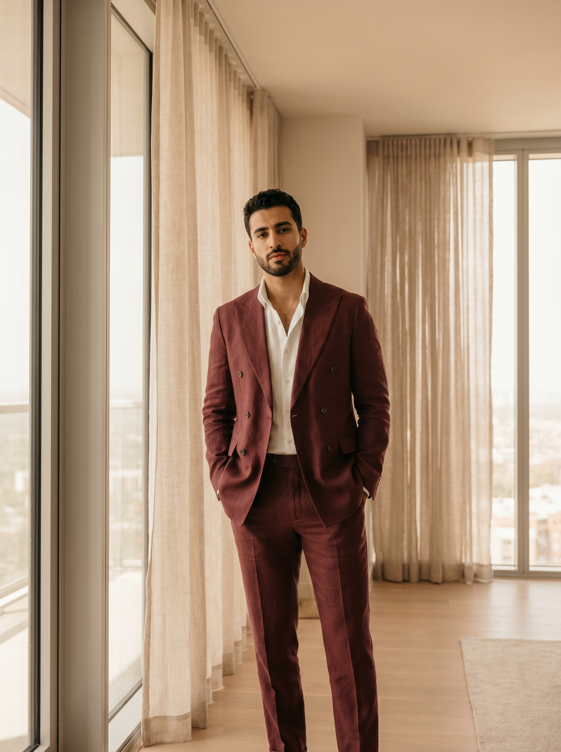 Maroon Linen Double Breasted Suit — Custom Made to Measure - front view