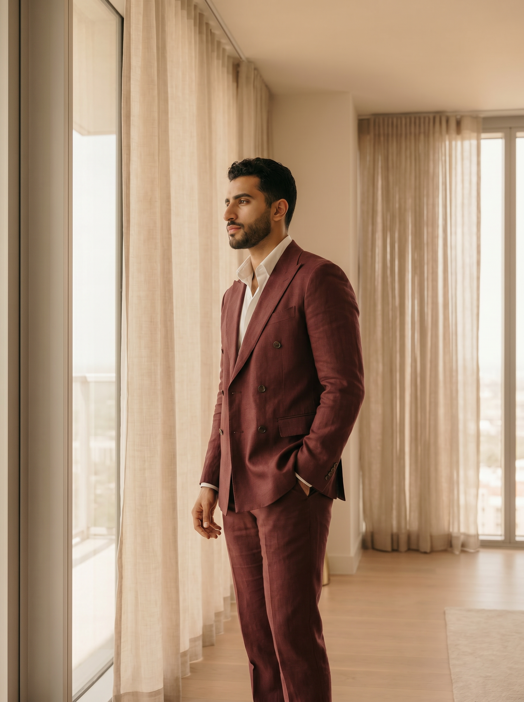 Maroon Linen Double Breasted Suit — Custom Made to Measure - side view