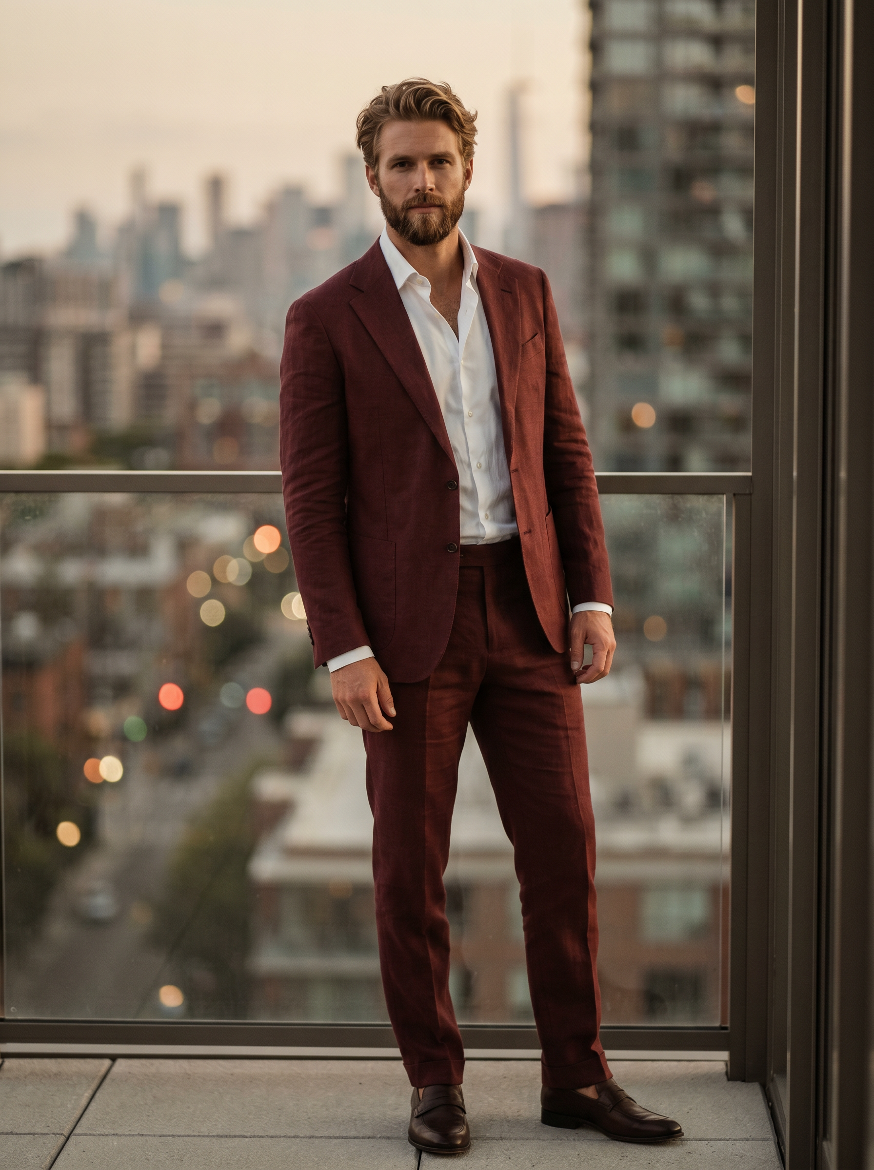 Maroon Linen Groomsmen Suit — Custom Made to Measure - front view