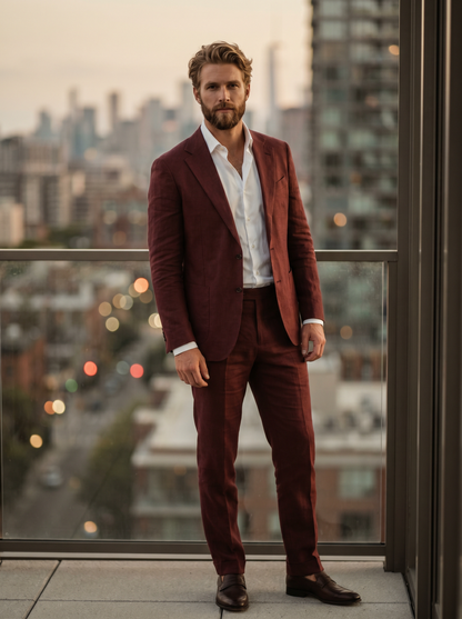 Maroon Linen Groomsmen Suit — Custom Made to Measure - front view