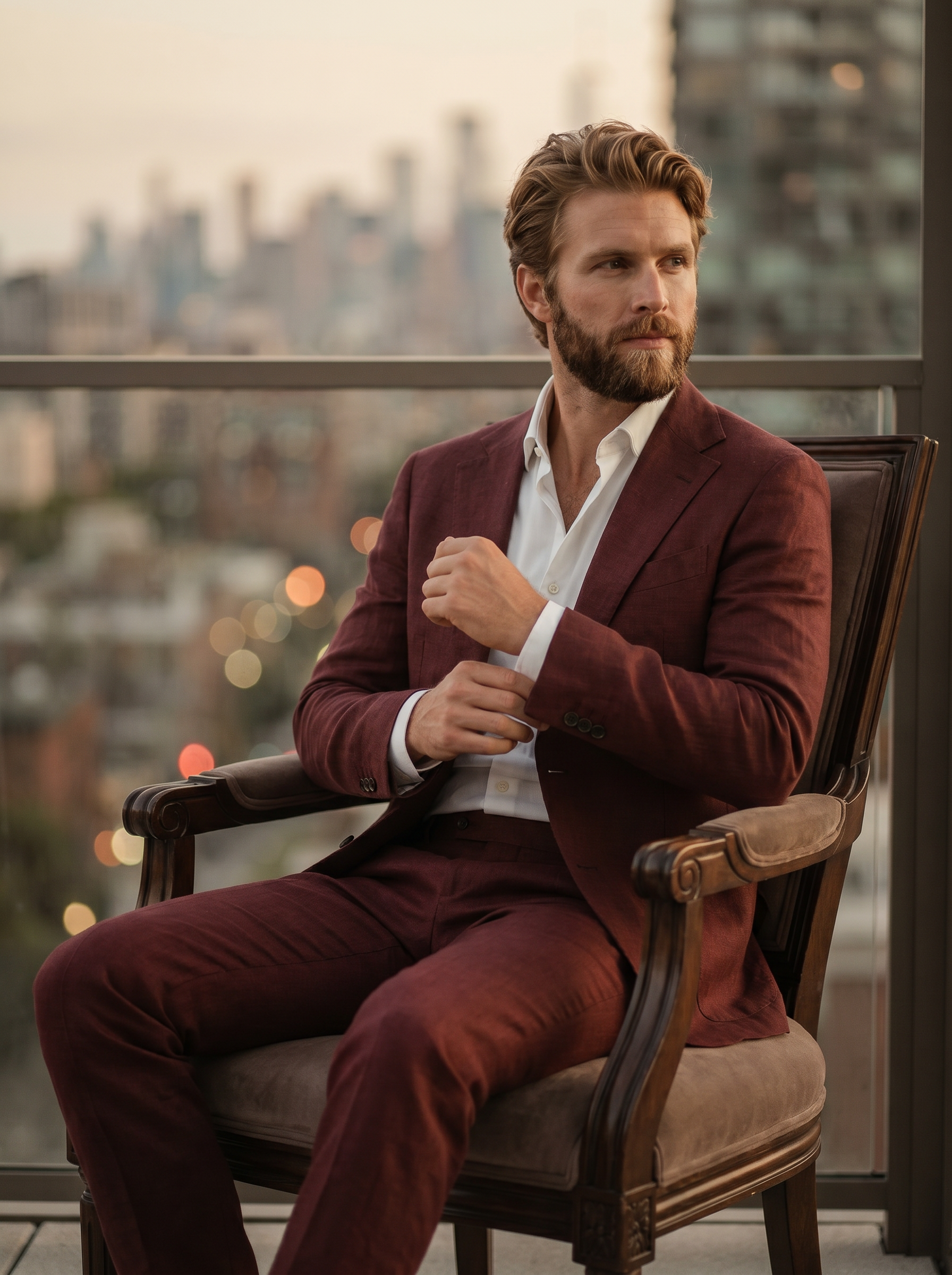 Maroon Linen Groomsmen Suit — Custom Made to Measure - seated view