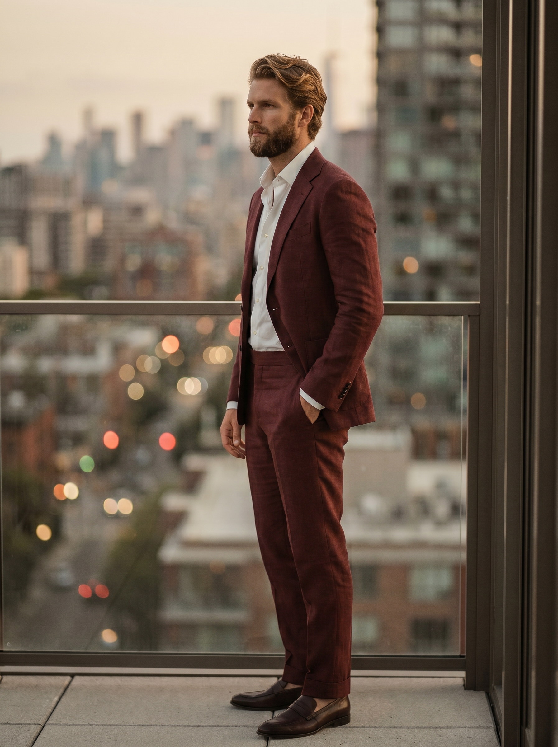 Maroon Linen Groomsmen Suit — Custom Made to Measure - side view
