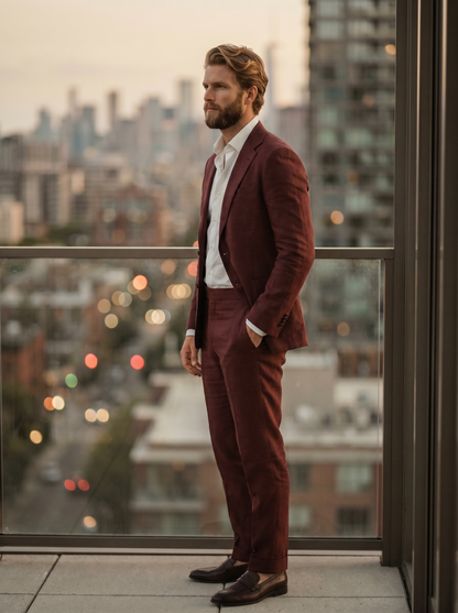Maroon Linen Groomsmen Suit — Custom Made to Measure - side view