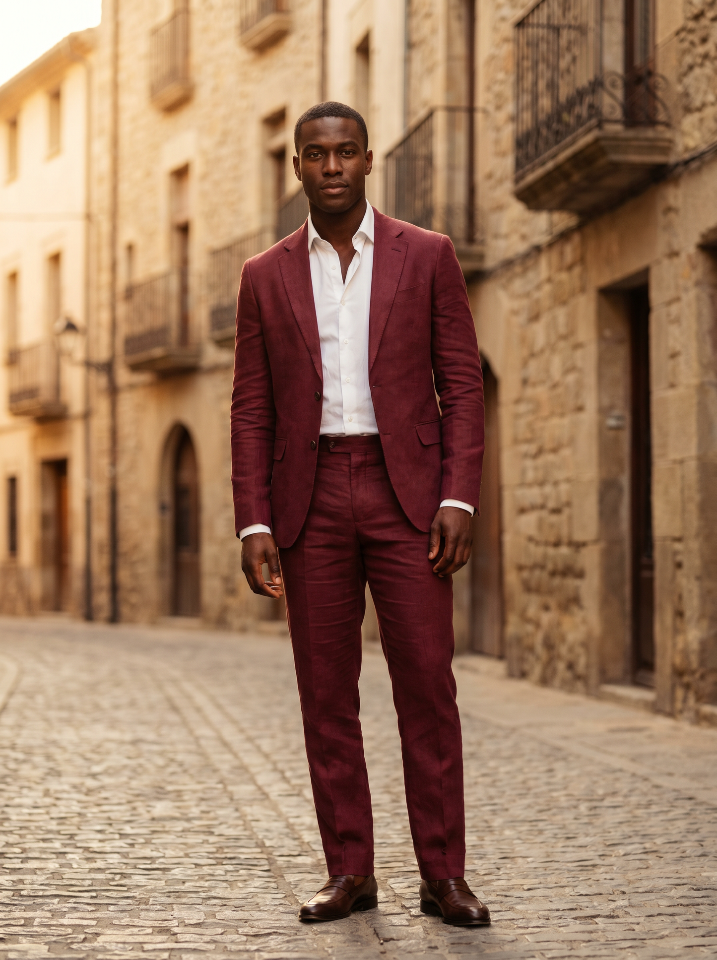 Maroon Linen Suit — Custom Made to Measure - front view