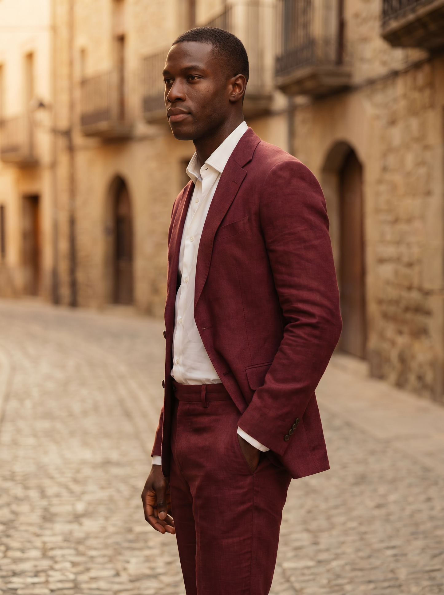 Maroon Linen Suit — Custom Made to Measure - side view
