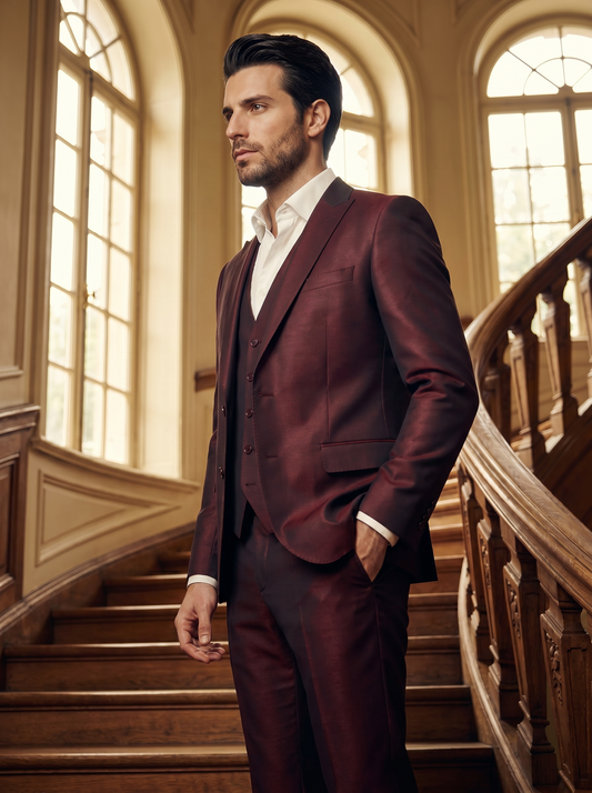Maroon Silk Blend 3-Piece Suit — Custom Made to Measure - side view