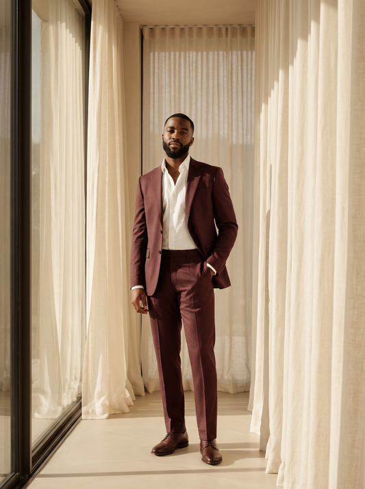 Maroon Silk Blend Suit — Custom Made to Measure - front view