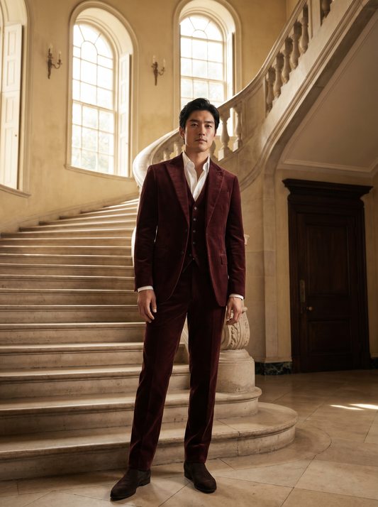 Maroon Velvet 3-Piece Suit — Custom Made to Measure - front view