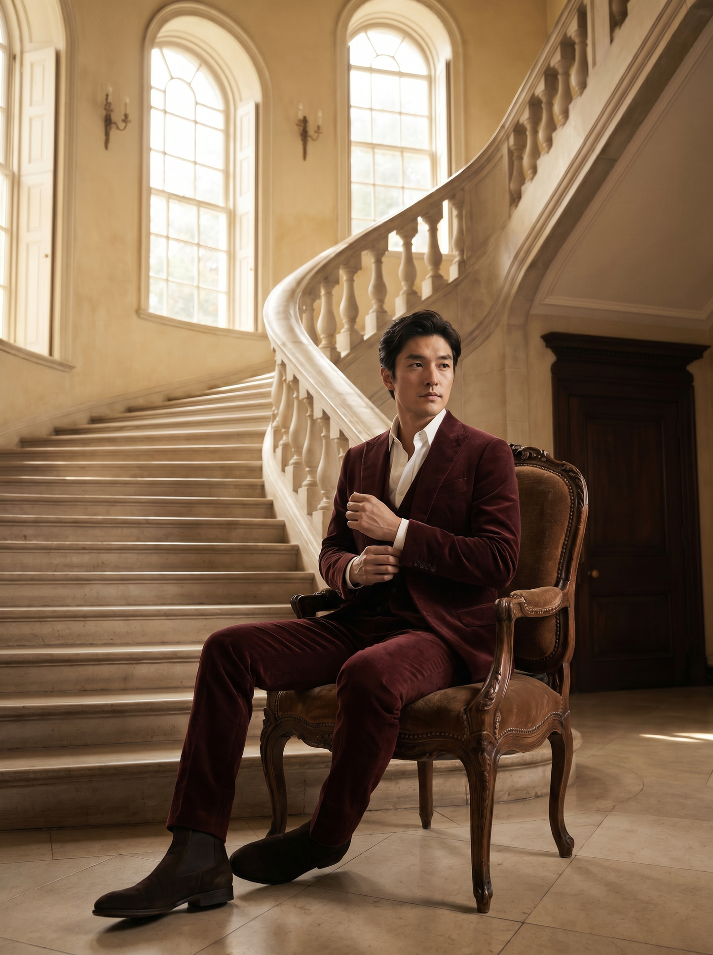 Maroon Velvet 3-Piece Suit — Custom Made to Measure - seated view