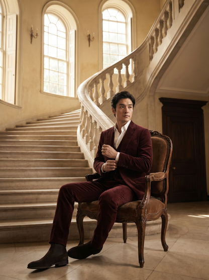 Maroon Velvet 3-Piece Suit — Custom Made to Measure - seated view