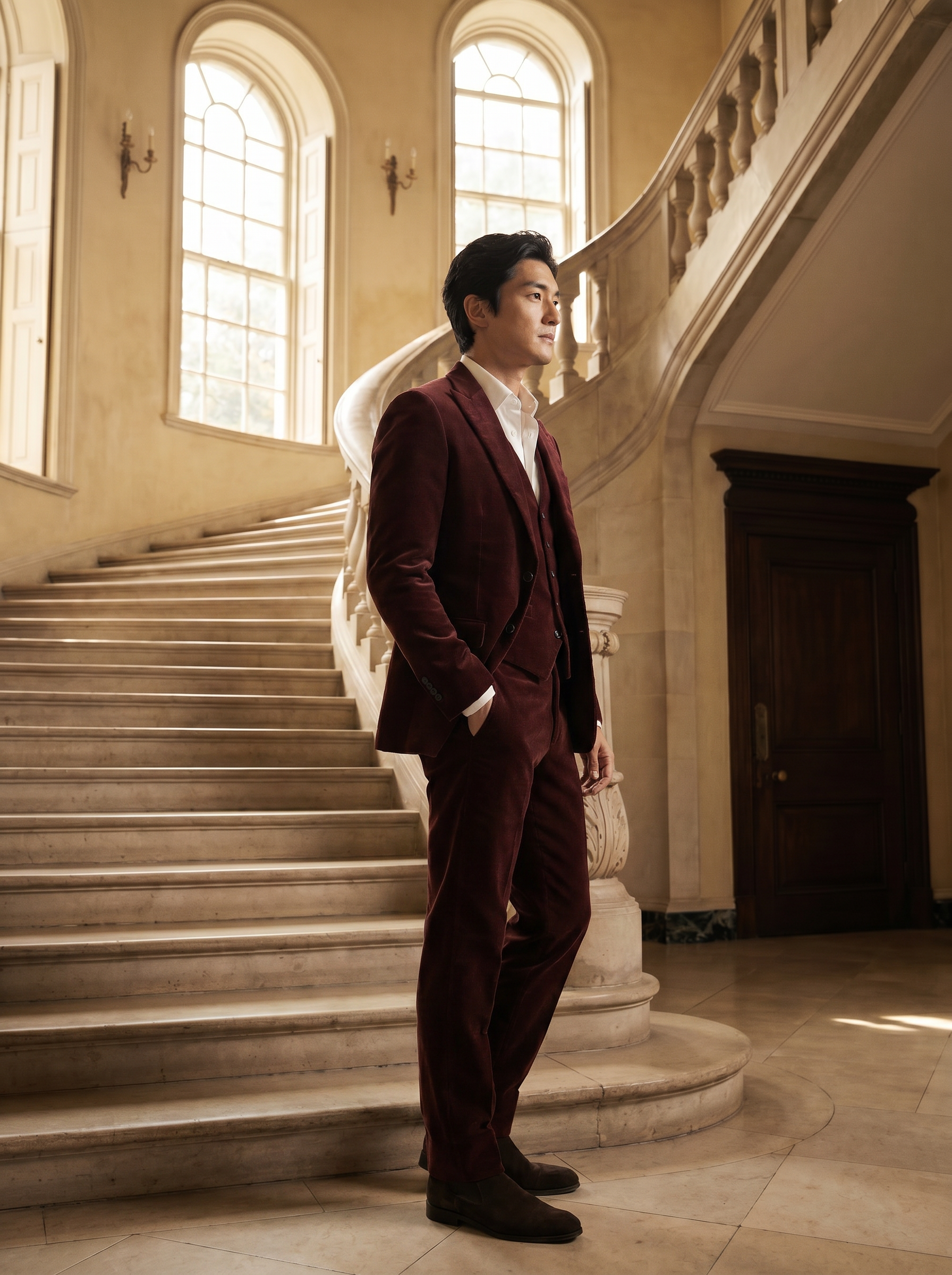 Maroon Velvet 3-Piece Suit — Custom Made to Measure - side view