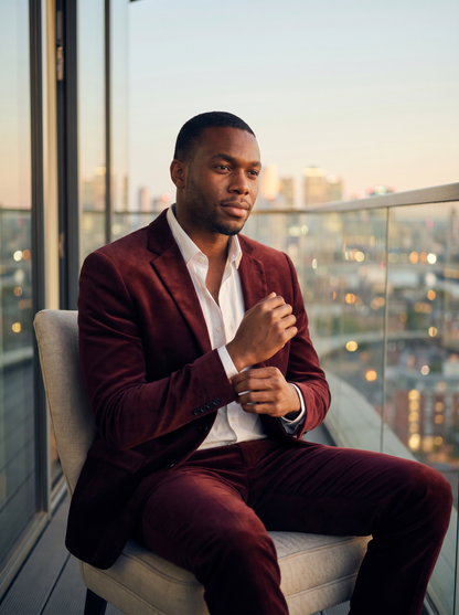 Maroon Velvet Suit — Custom Made to Measure - seated view