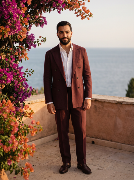 Maroon Wool Double Breasted Suit — Custom Made to Measure - front view