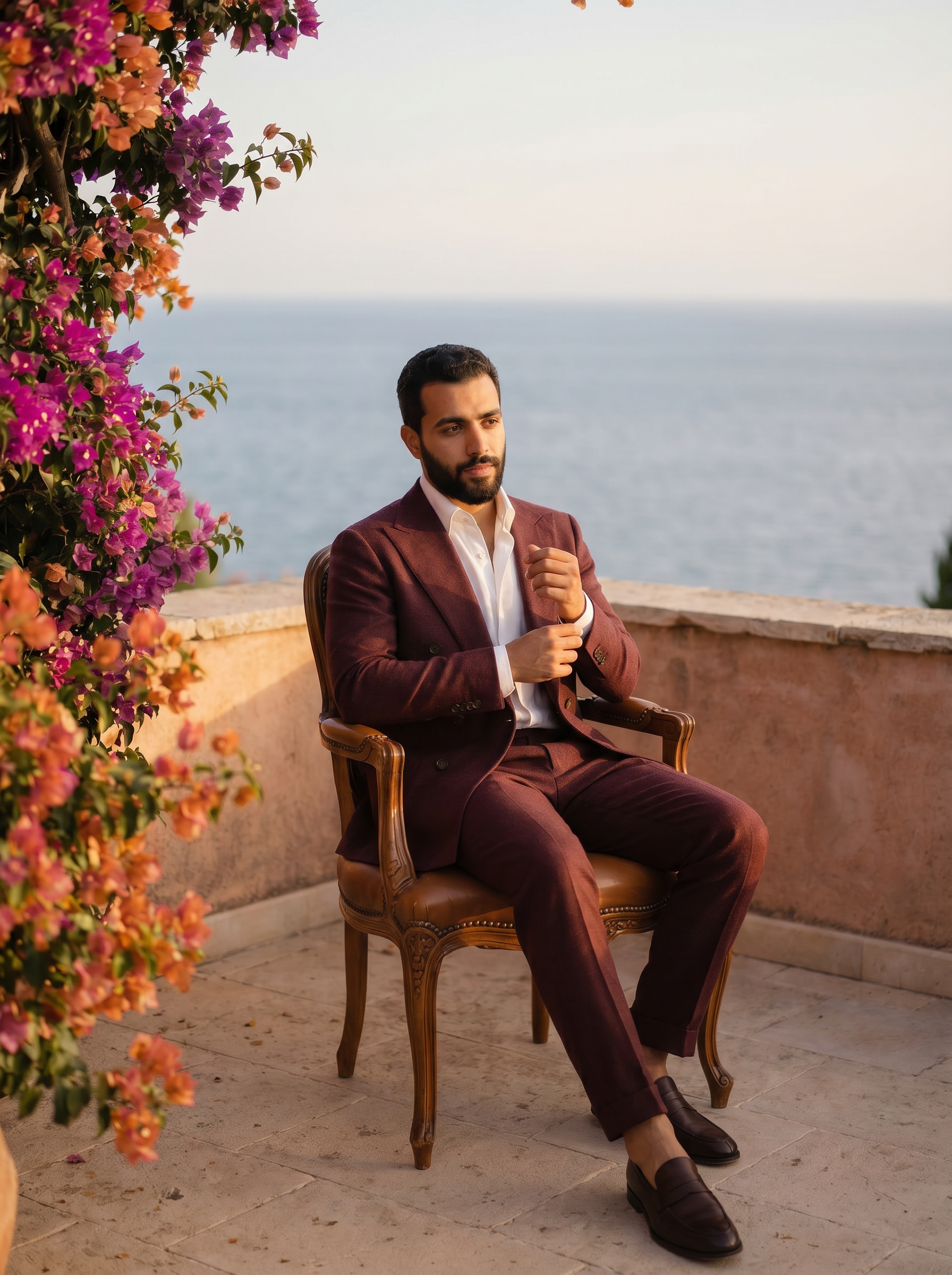 Maroon Wool Double Breasted Suit — Custom Made to Measure - seated view