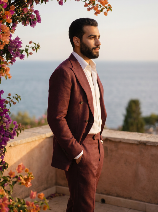 Maroon Wool Double Breasted Suit — Custom Made to Measure - side view