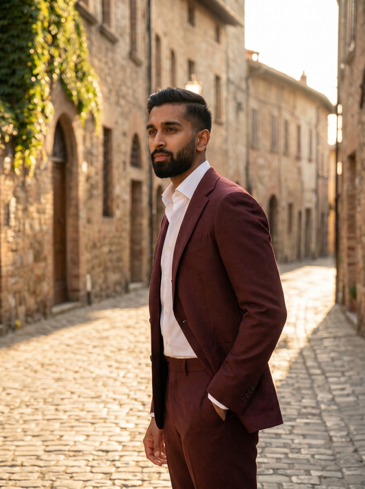 Maroon Wool Groomsmen Suit — Custom Made to Measure - side view