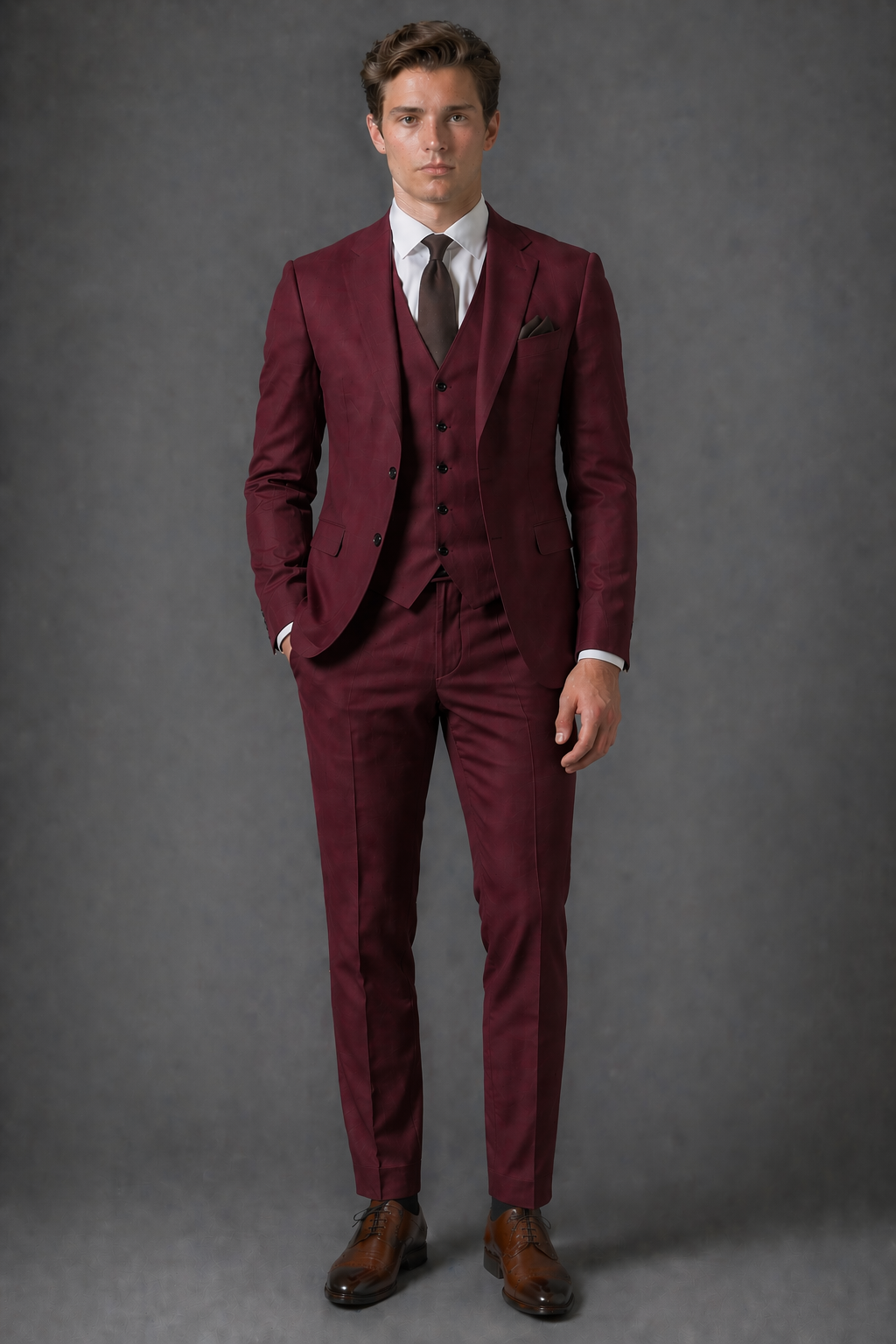 Maroon Cotton Slim Fit Suit — Custom Made to Measure
