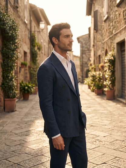 Midnight Blue Cotton Double Breasted Suit — Custom Made to Measure - side view