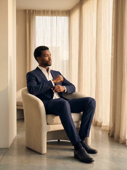 Midnight Blue Flannel Suit — Custom Made to Measure - seated view