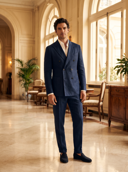 Midnight Blue Linen Double Breasted Suit — Custom Made to Measure - front view