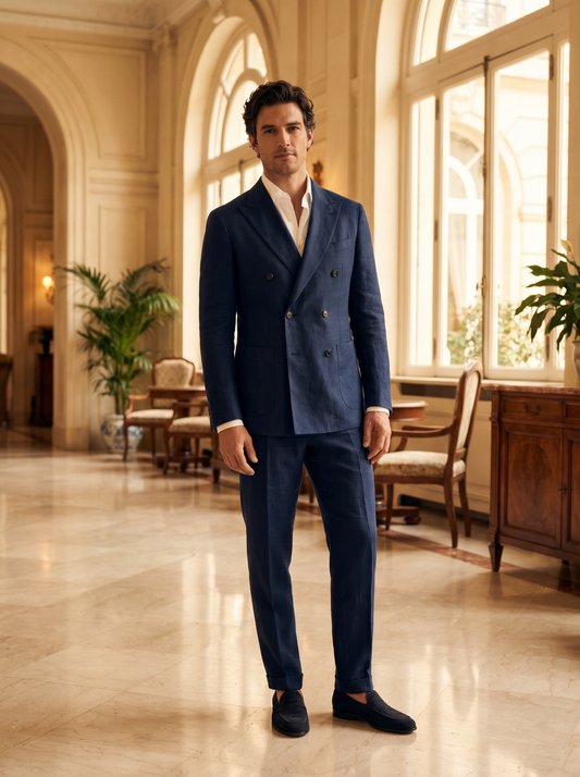 Midnight Blue Linen Double Breasted Suit — Custom Made to Measure - front view