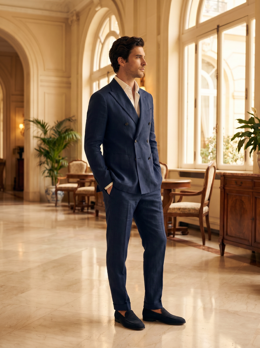 Midnight Blue Linen Double Breasted Suit — Custom Made to Measure - side view