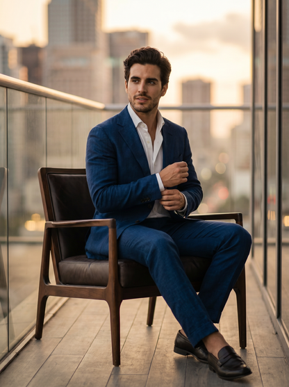 Midnight Blue Linen Groomsmen Suit — Custom Made to Measure - seated view