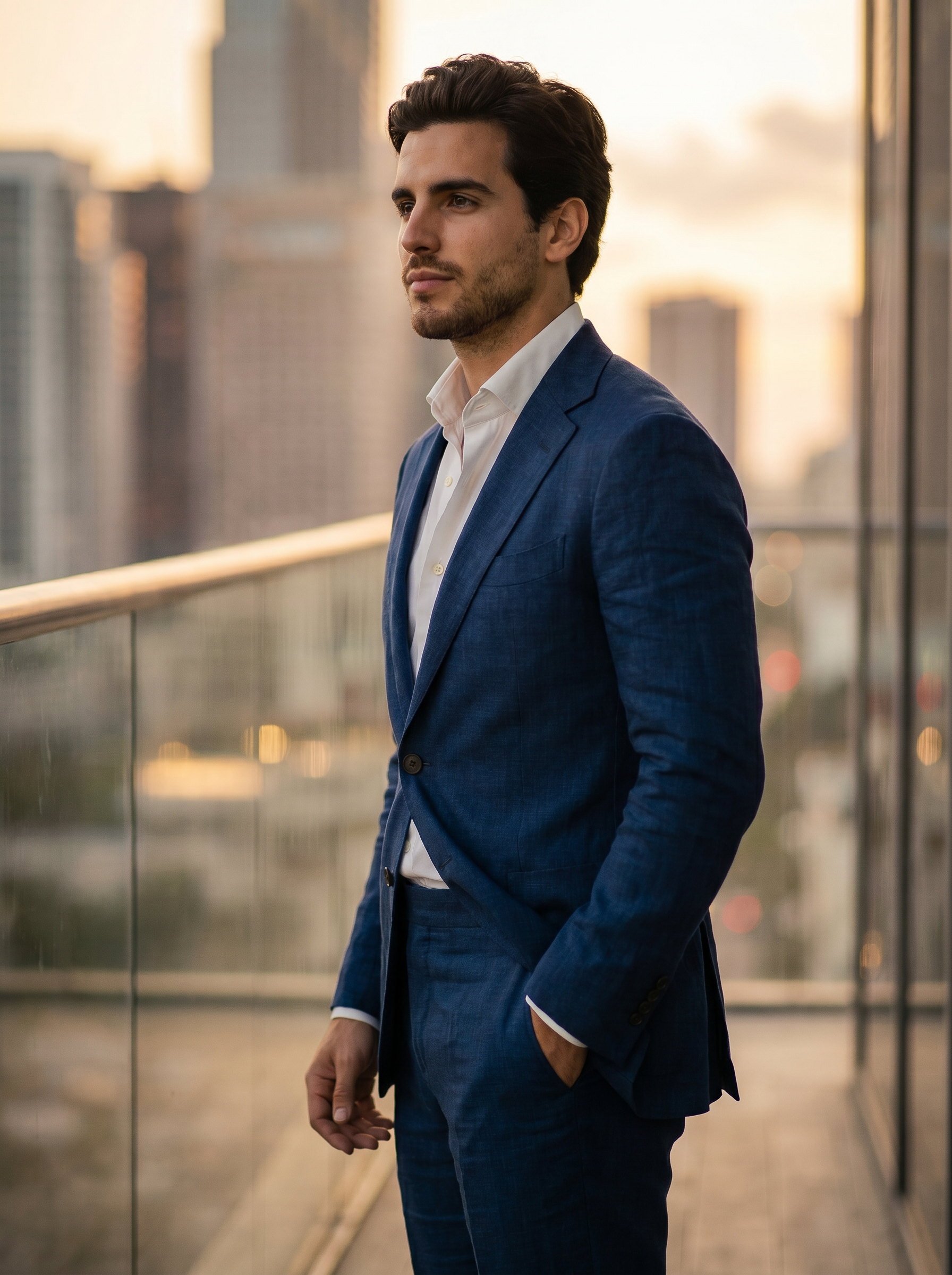 Midnight Blue Linen Groomsmen Suit — Custom Made to Measure - side view