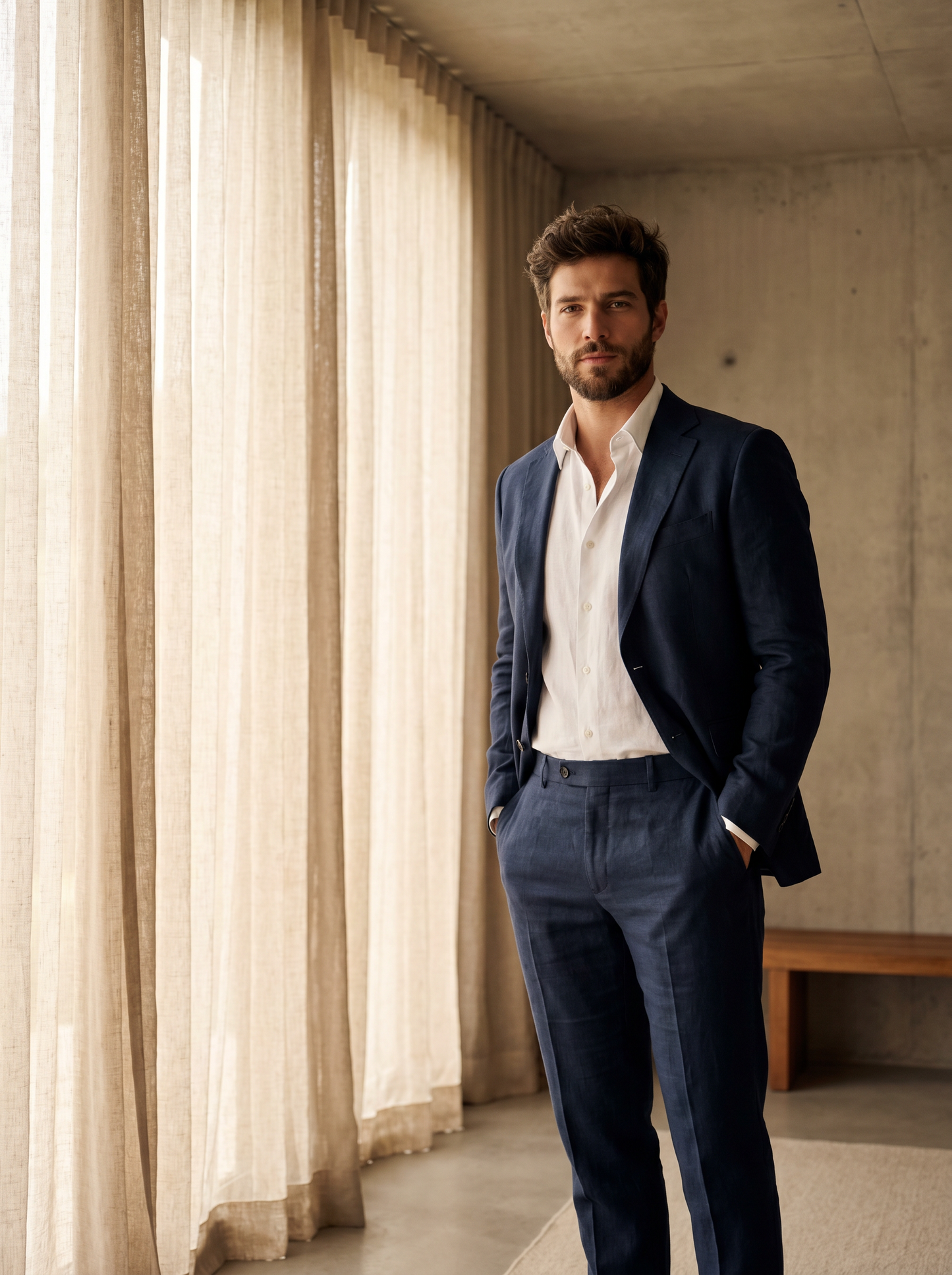 Midnight Blue Linen Suit — Custom Made to Measure - front view
