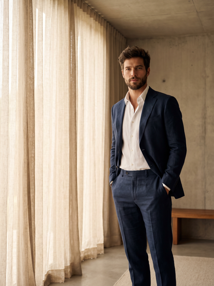 Midnight Blue Linen Suit — Custom Made to Measure - front view