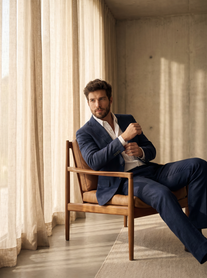 Midnight Blue Linen Suit — Custom Made to Measure - seated view
