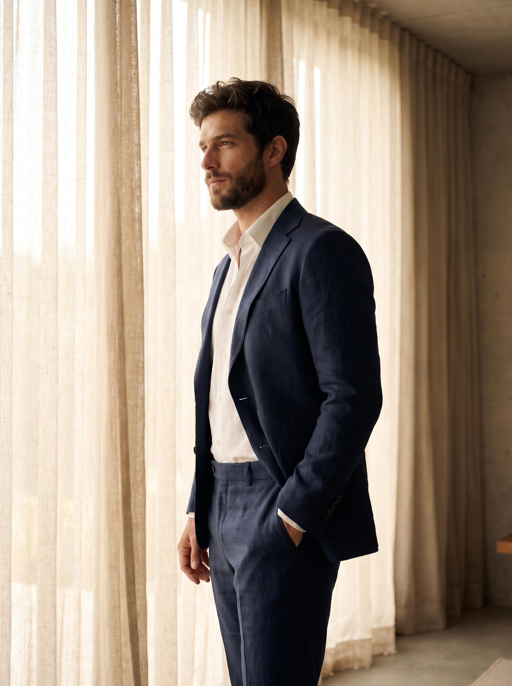 Midnight Blue Linen Suit — Custom Made to Measure - side view