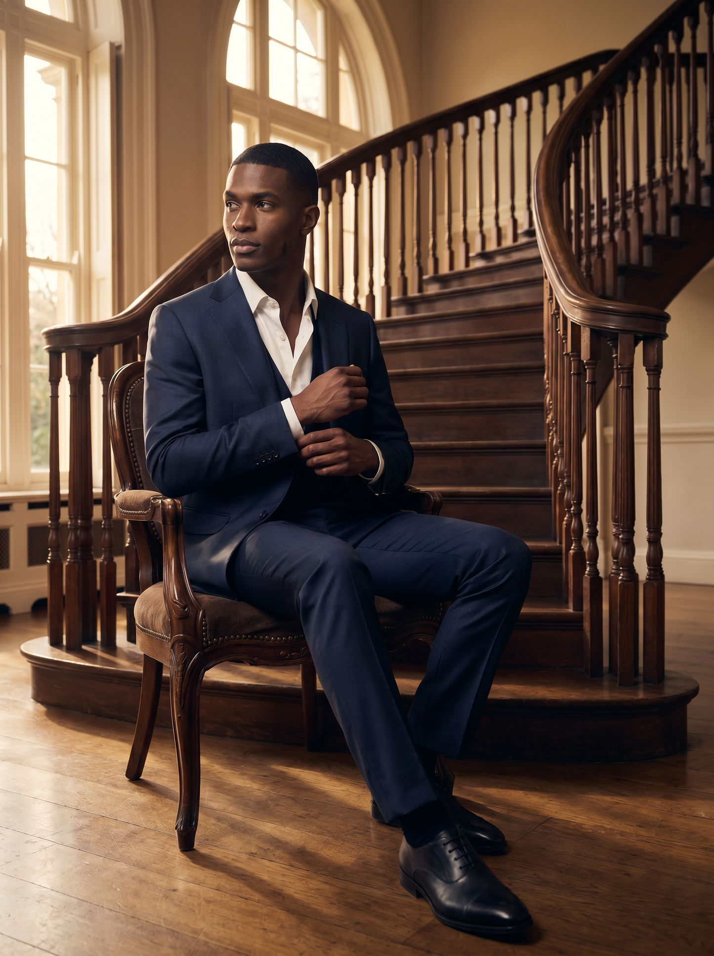 Midnight Blue Silk Blend 3-Piece Suit — Custom Made to Measure - seated view