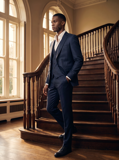 Midnight Blue Silk Blend 3-Piece Suit — Custom Made to Measure - side view