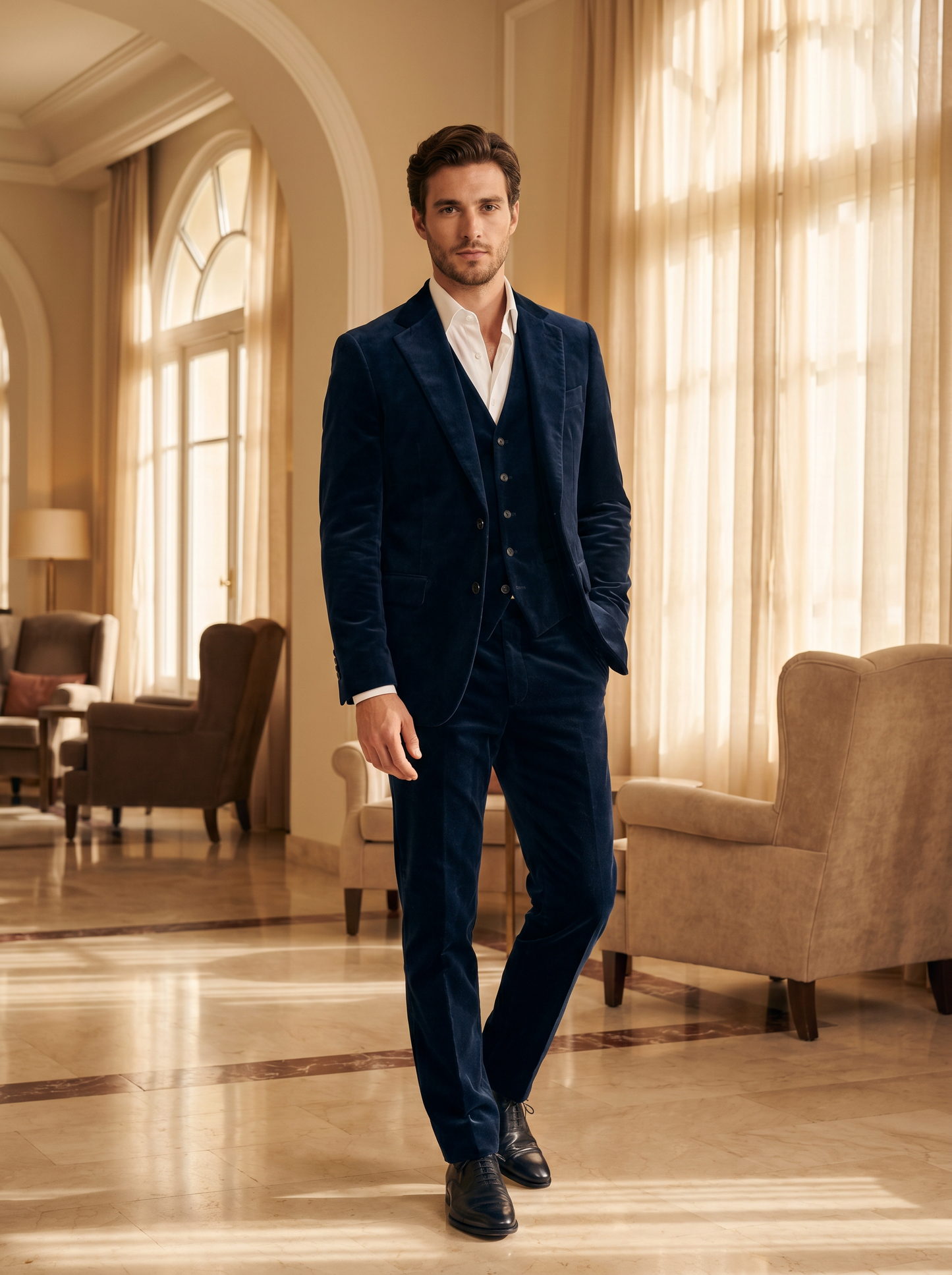 Midnight Blue Velvet 3-Piece Suit — Custom Made to Measure - front view