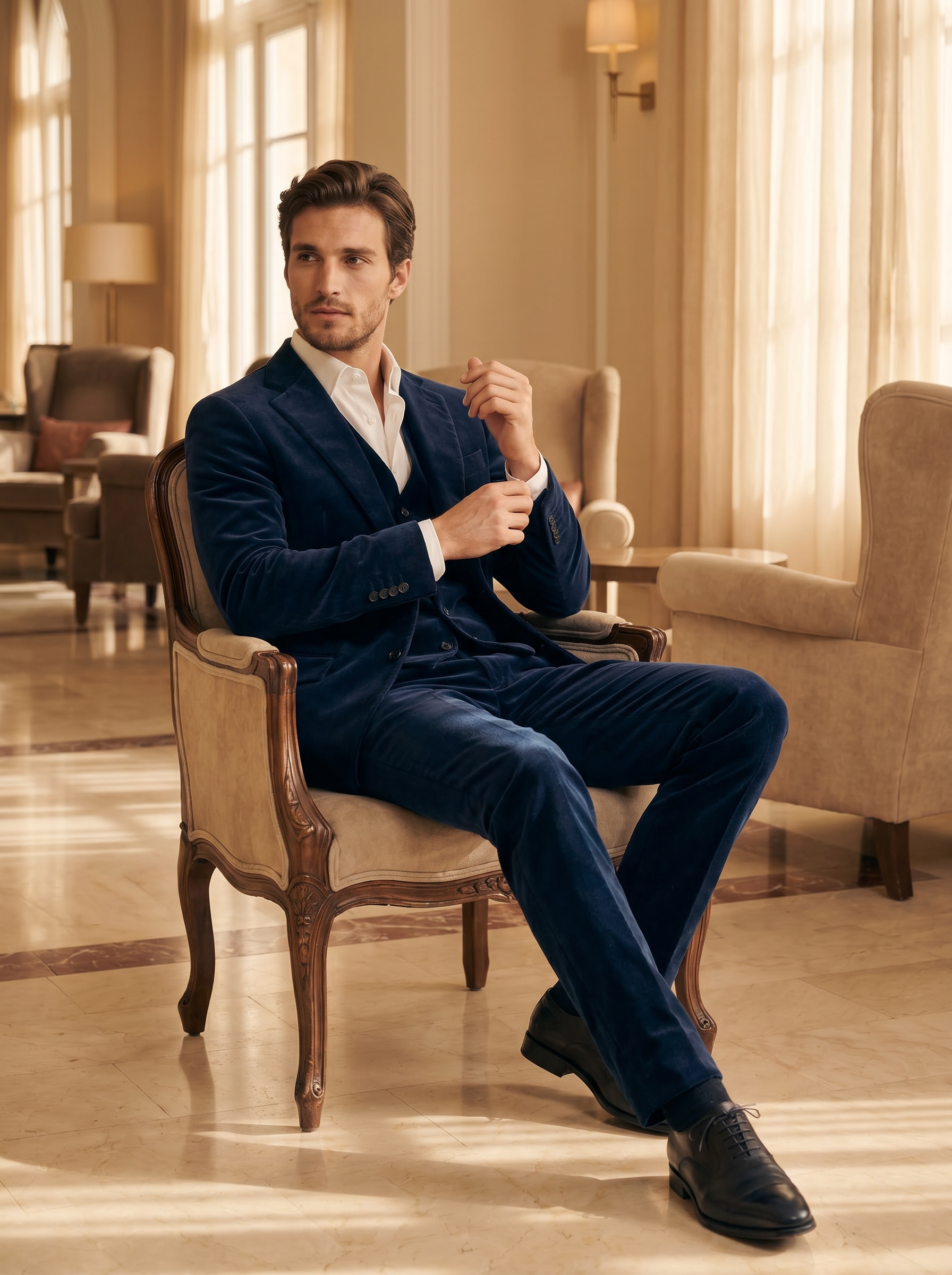 Midnight Blue Velvet 3-Piece Suit — Custom Made to Measure - seated view