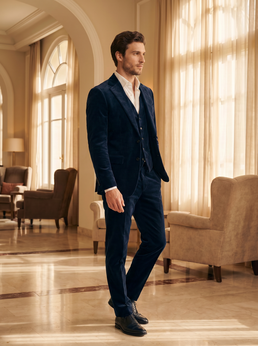 Midnight Blue Velvet 3-Piece Suit — Custom Made to Measure - side view