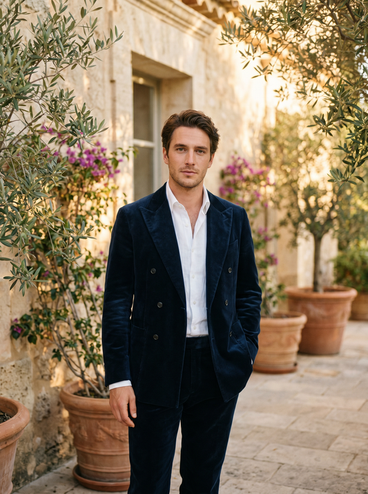 Midnight Blue Velvet Double Breasted Suit — Custom Made to Measure - front view