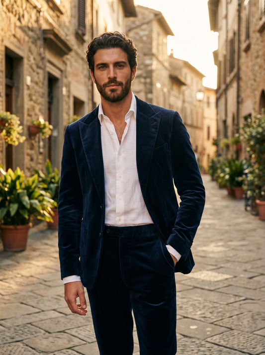 Midnight Blue Velvet Groomsmen Suit — Custom Made to Measure - front view
