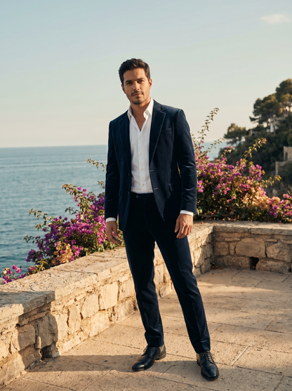 Midnight Blue Velvet Suit — Custom Made to Measure - front view