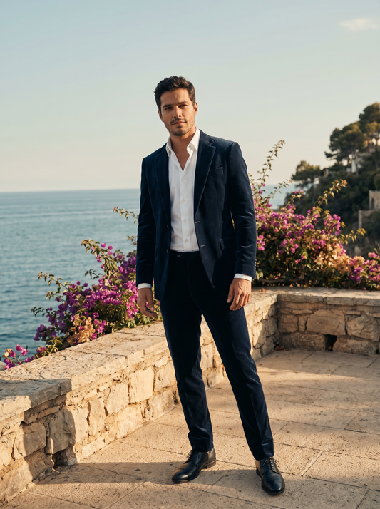 Midnight Blue Velvet Suit — Custom Made to Measure - front view